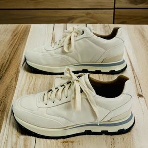 HUGO BOSS MENS BURNISH ITALIAN LEATHER SIZE 8 CREAM LOW TOP TRAINERS SNEAKERS